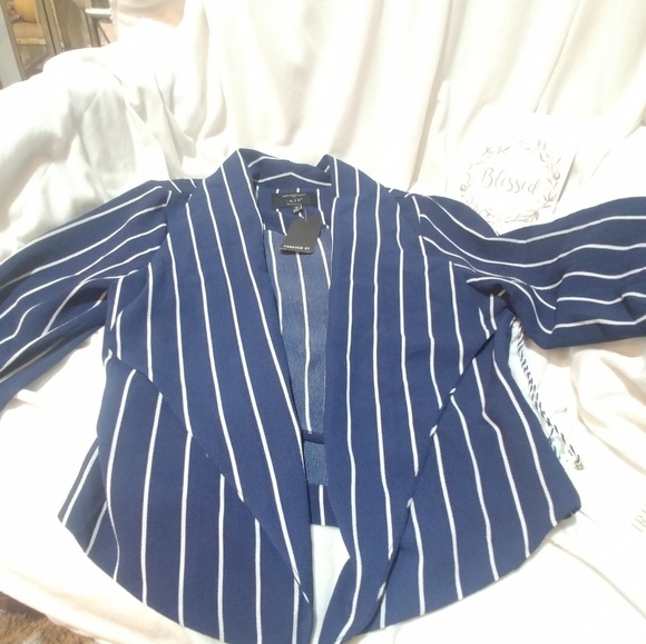 Open-Front Pinstriped Blazer Navy Blue & White - Picture 3 of 6